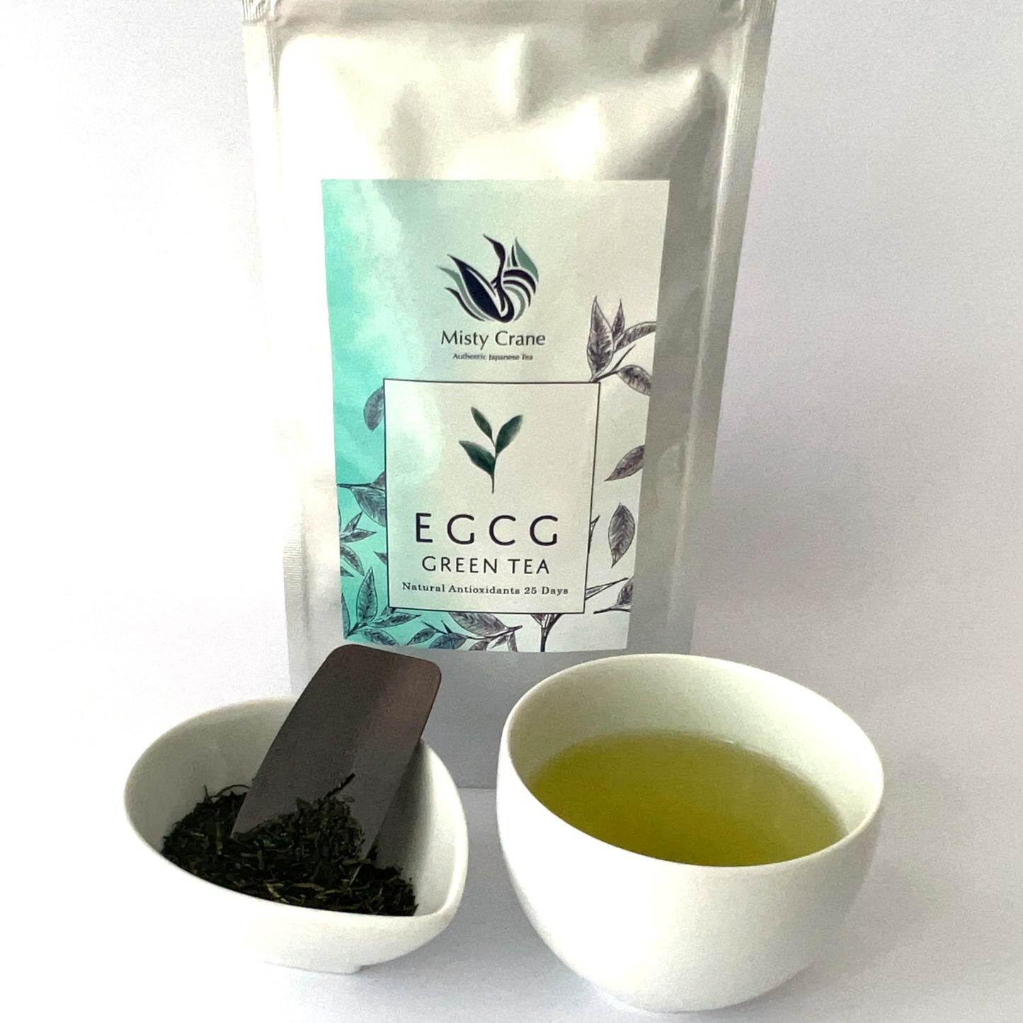 EGCG Green tea display with leaves and a tea cup